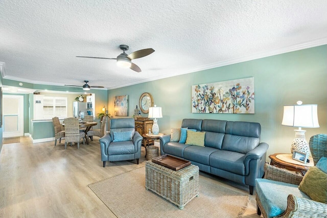 living room featuring crown molding, a textured ceiling, and light wood-type flooring