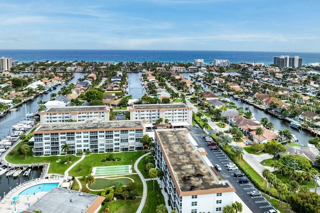 aerial view featuring a water view