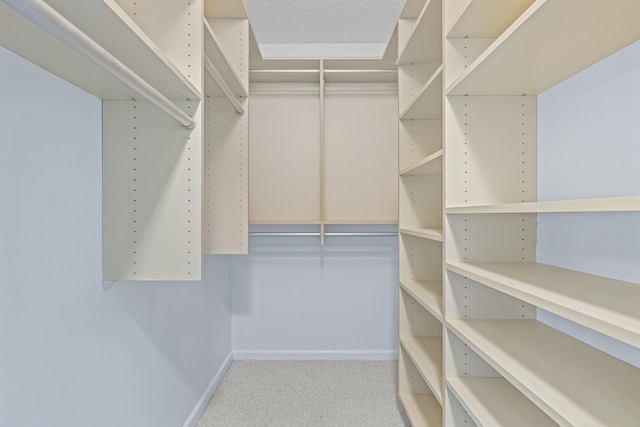 walk in closet featuring light carpet