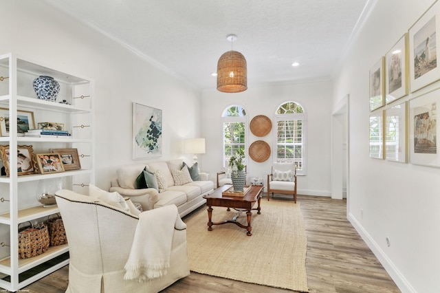 living room featuring wood-type flooring and crown molding