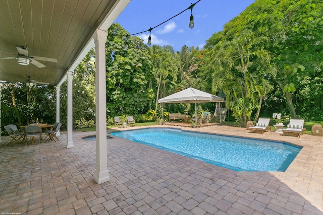 view of pool featuring ceiling fan and a patio