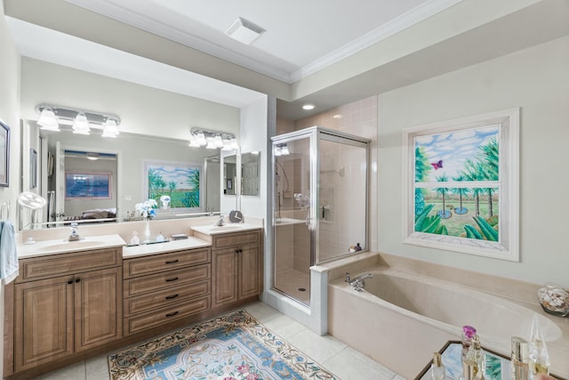 bathroom featuring tile patterned floors, vanity, ornamental molding, and plus walk in shower