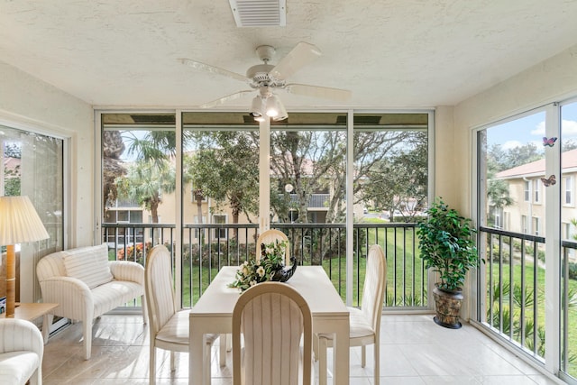 sunroom / solarium with a wealth of natural light and ceiling fan