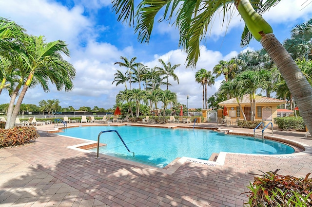 view of swimming pool with a patio