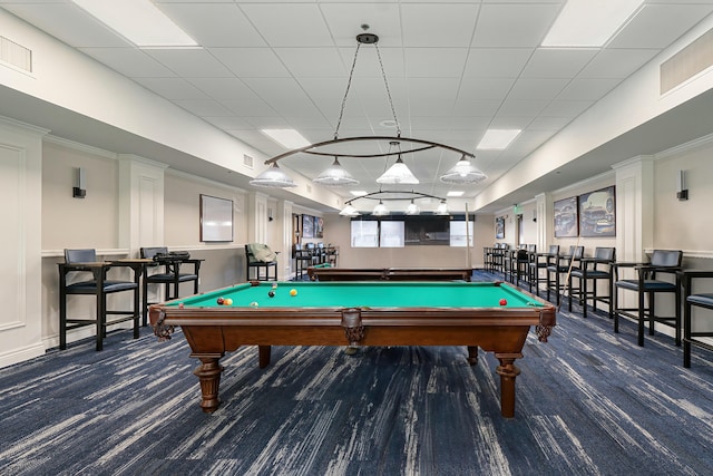 rec room with dark carpet and pool table