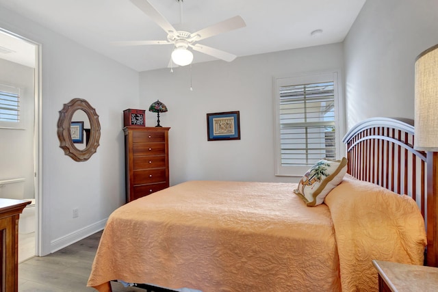 bedroom featuring light wood-type flooring and ceiling fan