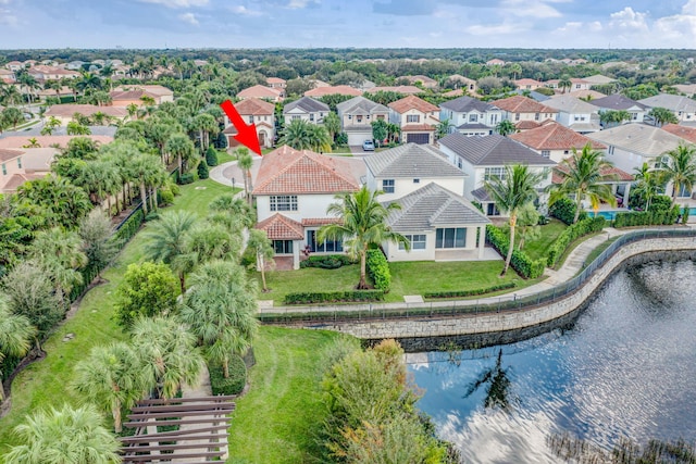 aerial view featuring a water view