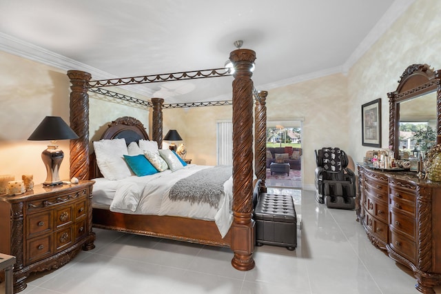 tiled bedroom featuring crown molding