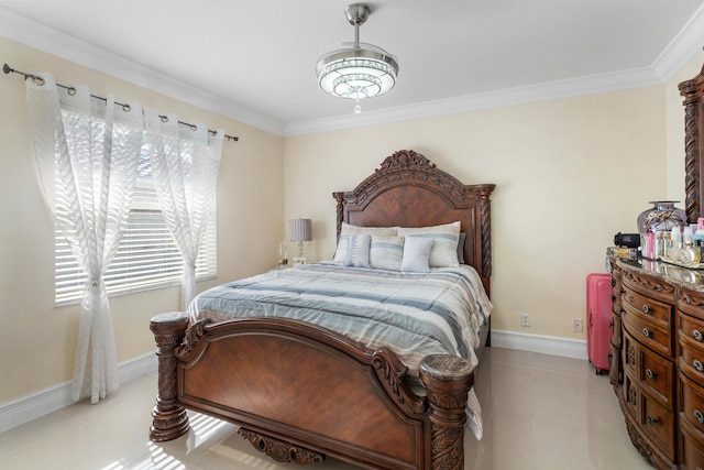 tiled bedroom featuring ornamental molding