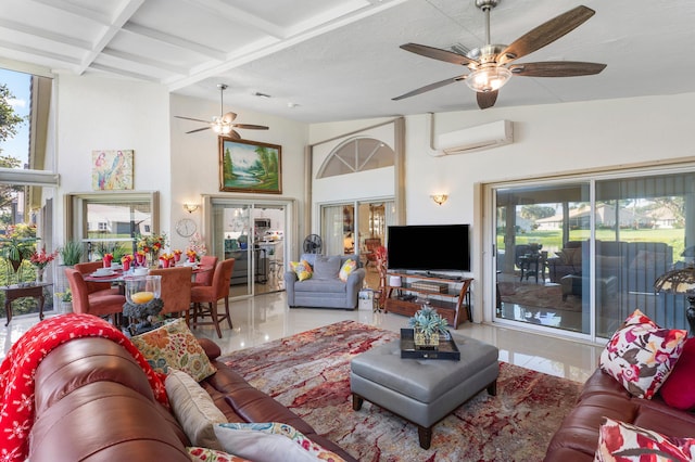 tiled living room featuring a wall unit AC, beam ceiling, a healthy amount of sunlight, and coffered ceiling