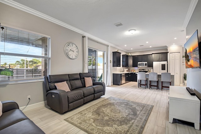 living room with ornamental molding