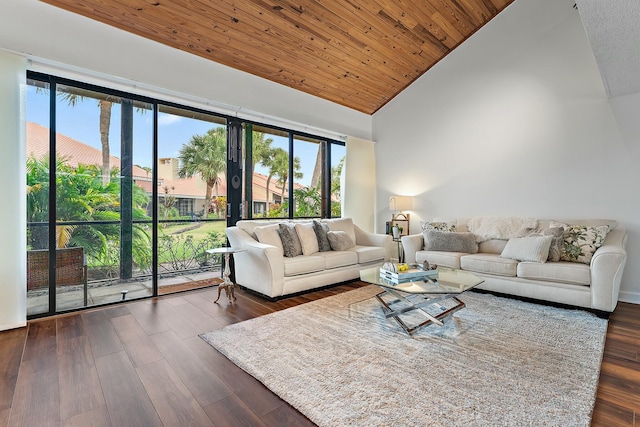 living room featuring high vaulted ceiling, wooden ceiling, and dark hardwood / wood-style floors