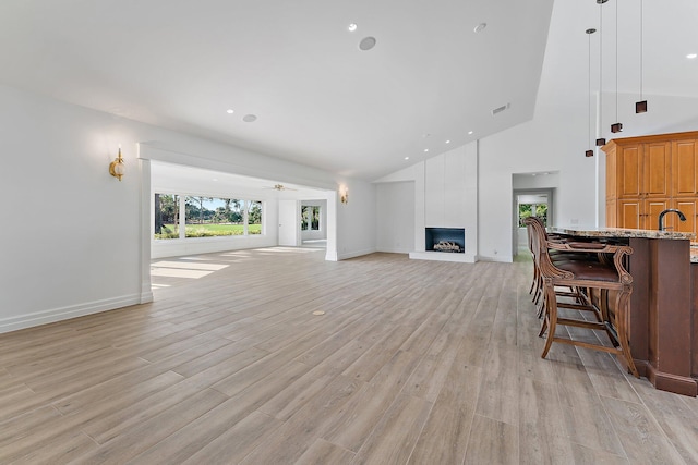 living room featuring a large fireplace, high vaulted ceiling, and light hardwood / wood-style floors