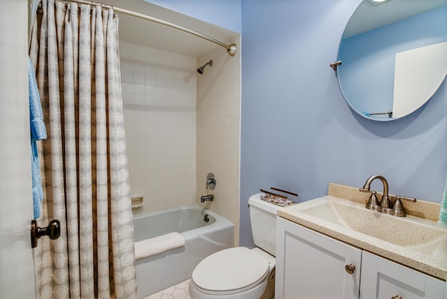 full bathroom with vanity, toilet, and shower / bathtub combination with curtain