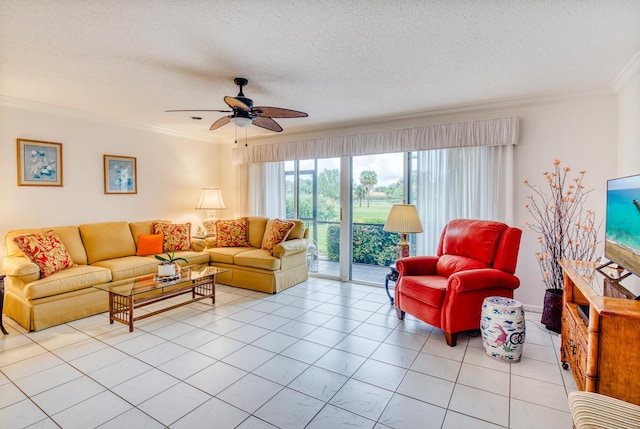 living room featuring a textured ceiling, ceiling fan, crown molding, and light tile patterned flooring