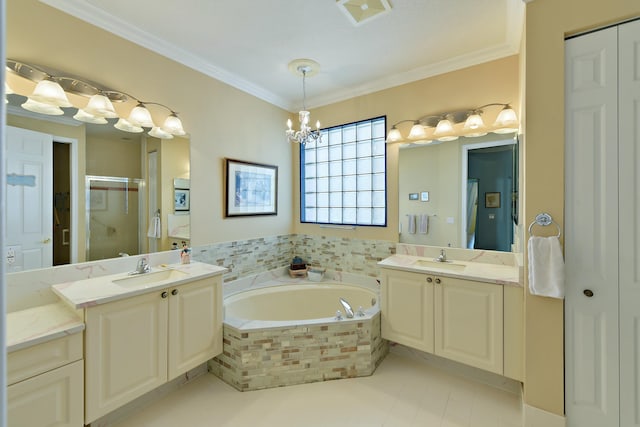 bathroom with shower with separate bathtub, vanity, ornamental molding, and a notable chandelier