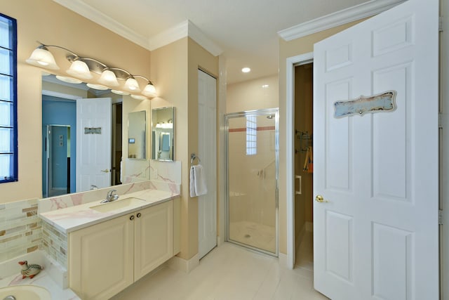 bathroom featuring vanity, ornamental molding, and plus walk in shower