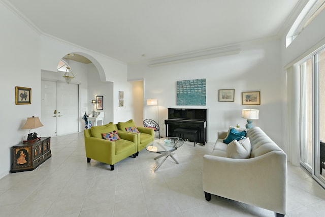 tiled living room with ornamental molding