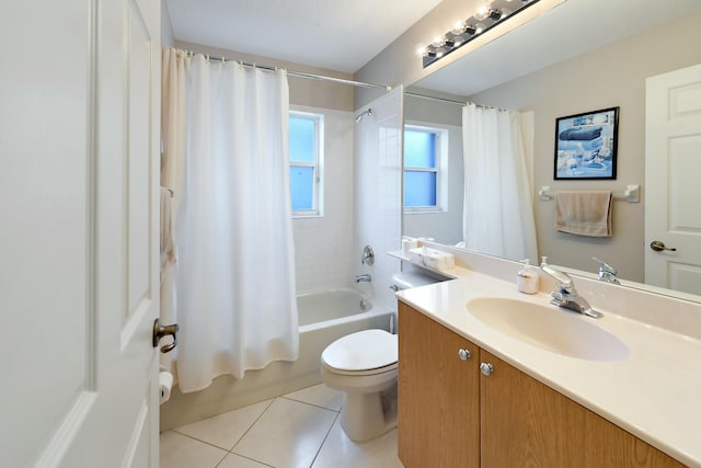 full bathroom featuring tile patterned floors, vanity, shower / bath combo, and toilet