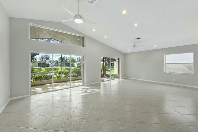 unfurnished room featuring high vaulted ceiling, ceiling fan, and light tile patterned floors