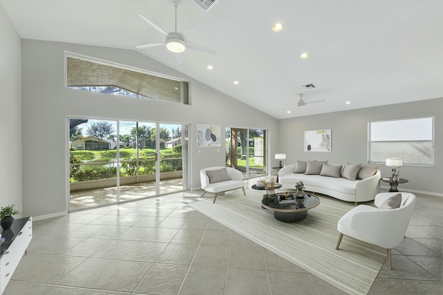 living room featuring vaulted ceiling and ceiling fan