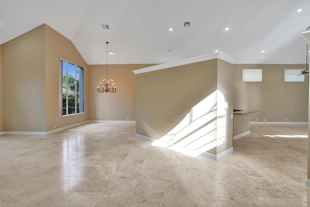 unfurnished room with ceiling fan with notable chandelier, crown molding, and vaulted ceiling