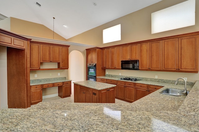 kitchen featuring light stone countertops, sink, high vaulted ceiling, kitchen peninsula, and black appliances