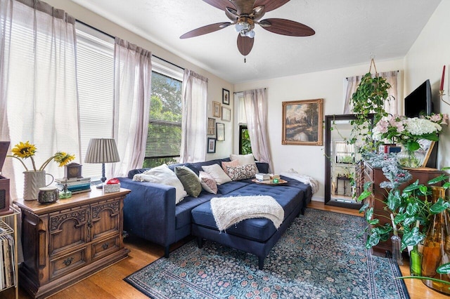 living room with hardwood / wood-style flooring and ceiling fan