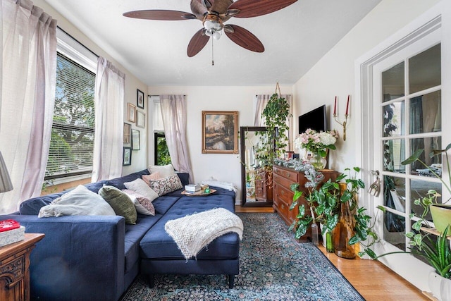 living room featuring hardwood / wood-style flooring and ceiling fan