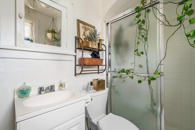 bathroom with vanity, toilet, and a shower with door