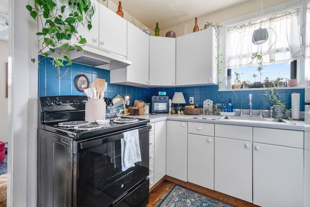 kitchen featuring white cabinetry, sink, tasteful backsplash, black / electric stove, and extractor fan