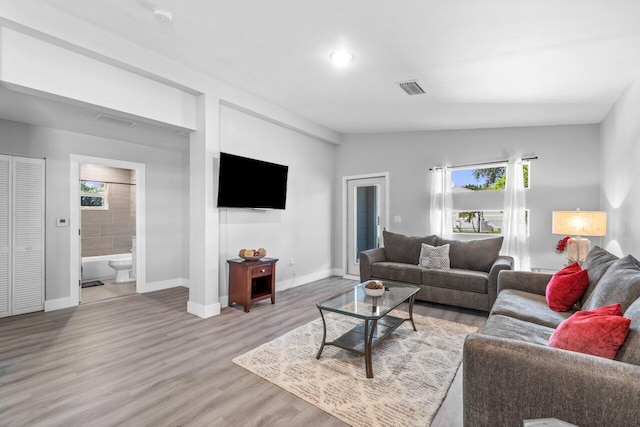 living room featuring light hardwood / wood-style flooring and lofted ceiling