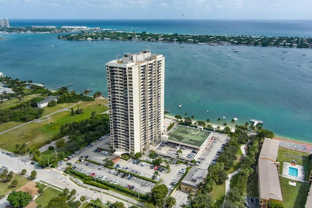 aerial view featuring a water view