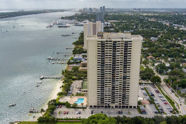 birds eye view of property featuring a water view