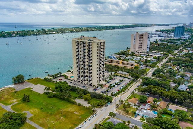 bird's eye view with a water view