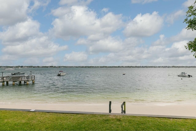 view of dock featuring a water view and a view of the beach