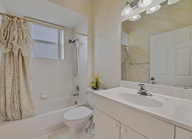 full bathroom featuring vanity, toilet, tile patterned flooring, and shower / bath combo with shower curtain