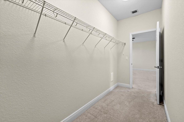 spacious closet featuring light carpet