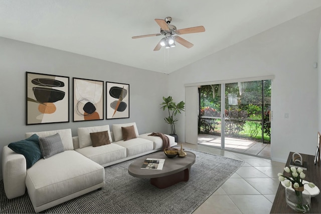 tiled living room with ceiling fan and lofted ceiling