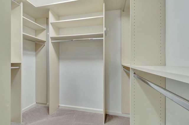 walk in closet with light carpet