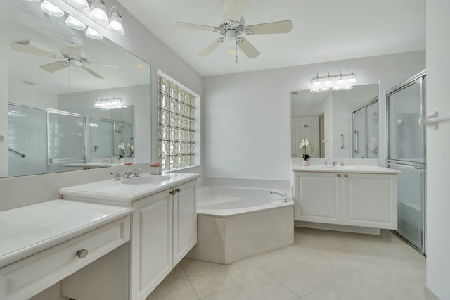 bathroom with tile patterned flooring, vanity, ceiling fan, and independent shower and bath