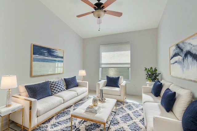 living room featuring ceiling fan and lofted ceiling