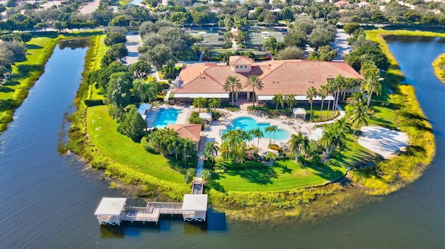 drone / aerial view featuring a water view