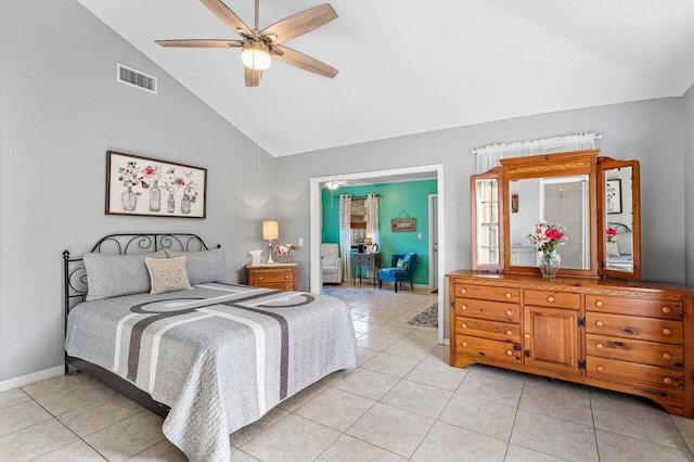 bedroom featuring light tile patterned floors, vaulted ceiling, and ceiling fan