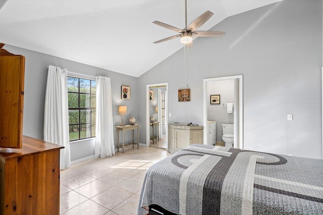 bedroom featuring high vaulted ceiling, ceiling fan, light tile patterned floors, and connected bathroom