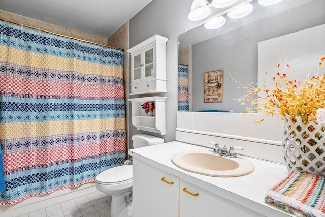 full bathroom with vanity, tile patterned floors, shower / bath combination with curtain, decorative backsplash, and toilet