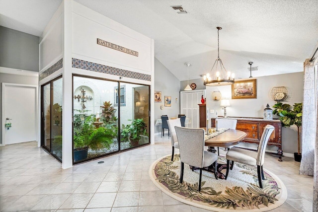 dining area with a textured ceiling, an inviting chandelier, and lofted ceiling