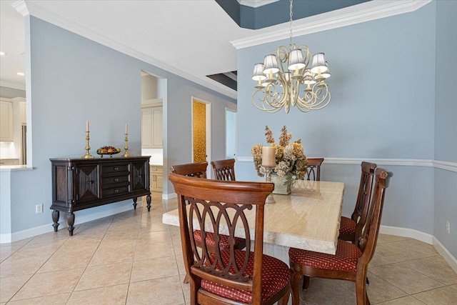 dining room featuring ornamental molding, a chandelier, and light tile patterned floors