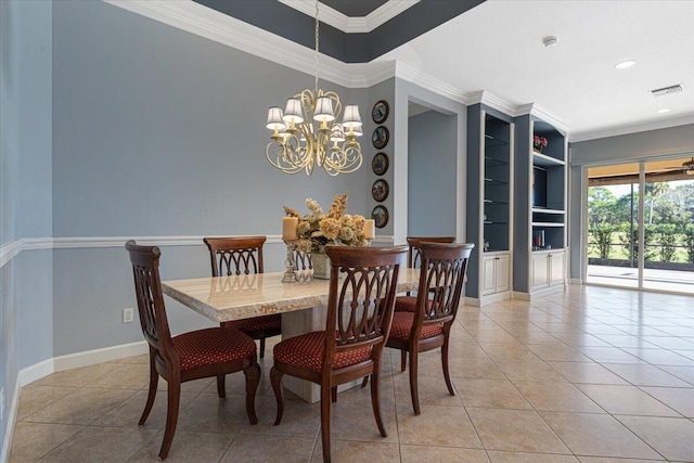 tiled dining area featuring an inviting chandelier, crown molding, and built in features