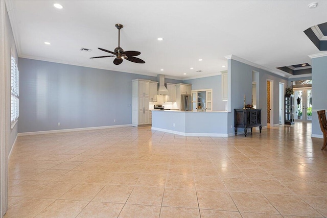 unfurnished living room with crown molding, light tile patterned floors, and ceiling fan